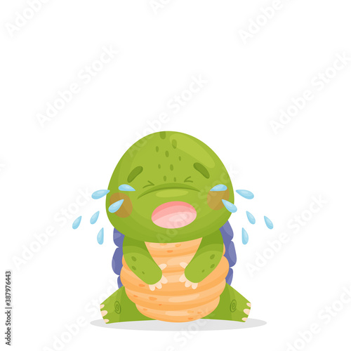 Cute cartoon character. A green turtle with a purple shell and a yellow belly sits on the floor and cries. Isolated vector illustrations on white background.