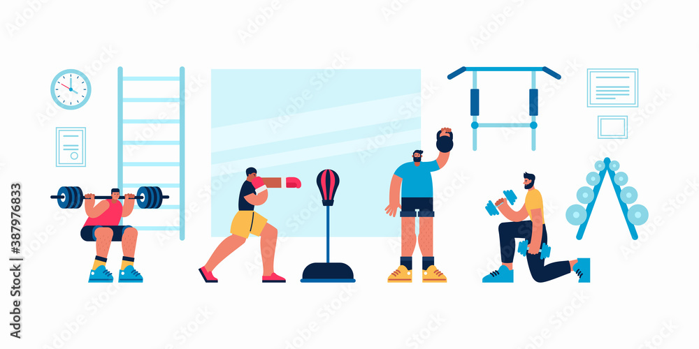 Sportsmen doing various exercises in modern gym