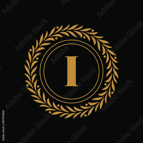 Laurel wreath with roman numeral one. Design element for winner diploma, certificate. Gold ornament on black