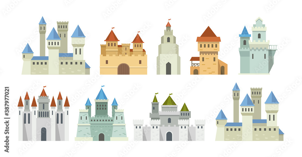 Castle medieval tower set. The fairytale medieval tower, facade mansion princess castle, fortified palace with gates, fabulous king citadel, medieval buildings, historical towered house
