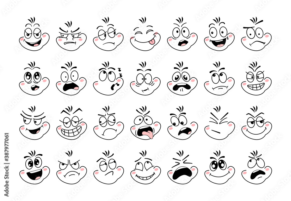 Cartoon face emoji eye. Expressive emotion eyes and mouth, smiling, crying and surprised character face. Emotions of joy, surprise, doubt, gloom, sarcasm, cunning, resentment, embarrassment