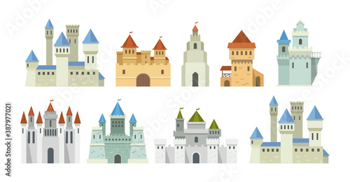 Castle medieval tower set. The fairytale medieval tower, facade mansion princess castle, fortified palace with gates, fabulous king citadel, medieval buildings, historical towered house