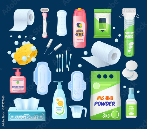 Hygiene product personal care. Realistic woman pads, tampons. Shower gel, oil, antibacterial spray, wet wipes, paper napkins, cotton pads, buds, shaving machine, toilet paper, sponge, washing powder
