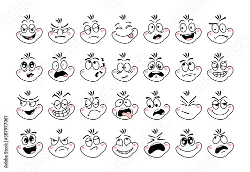 Cartoon face emoji eye. Expressive emotion eyes and mouth, smiling, crying and surprised character face. Emotions of joy, surprise, doubt, gloom, sarcasm, cunning, resentment, embarrassment