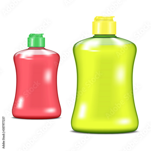 Colored plastic bottles with screw flip top cap filled with liquid isolated on white background, realistic vector illustration. Color set. Easy to recolor