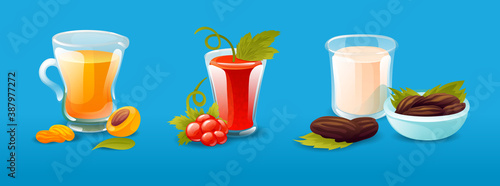 Ramadan holiday food of iftar party arabian muslim dishes. Sweet drink appricot nectar, milk, jellab drink made from dates, carob, grape molasses and rose water