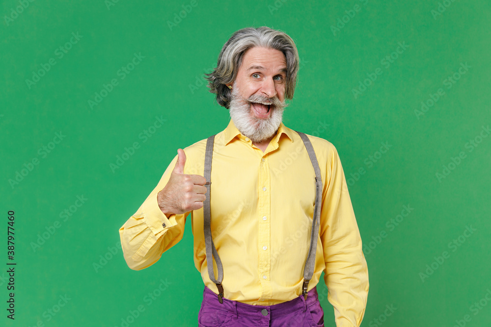 Excited cheerful elderly gray-haired mustache bearded man wearing casual yellow shirt suspenders standing showing thumb up looking camera isolated on bright green colour background, studio portrait.