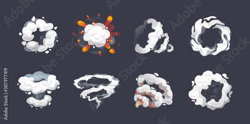 Animation for game comic explosion effect frames. Energy explosion, flame smoke cloud, energy blast with smoke, steam clouds, puff, mist, fog, watery vapour, dust explosion cartoon vector