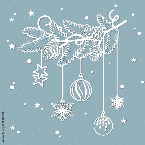 coniferous branches and balloons, snowflakes, stars from paper. Christmas tree branches silhouette. Spruce decor element. Template to Laser cutting and plotter. Die cut pattern for decorative panel.