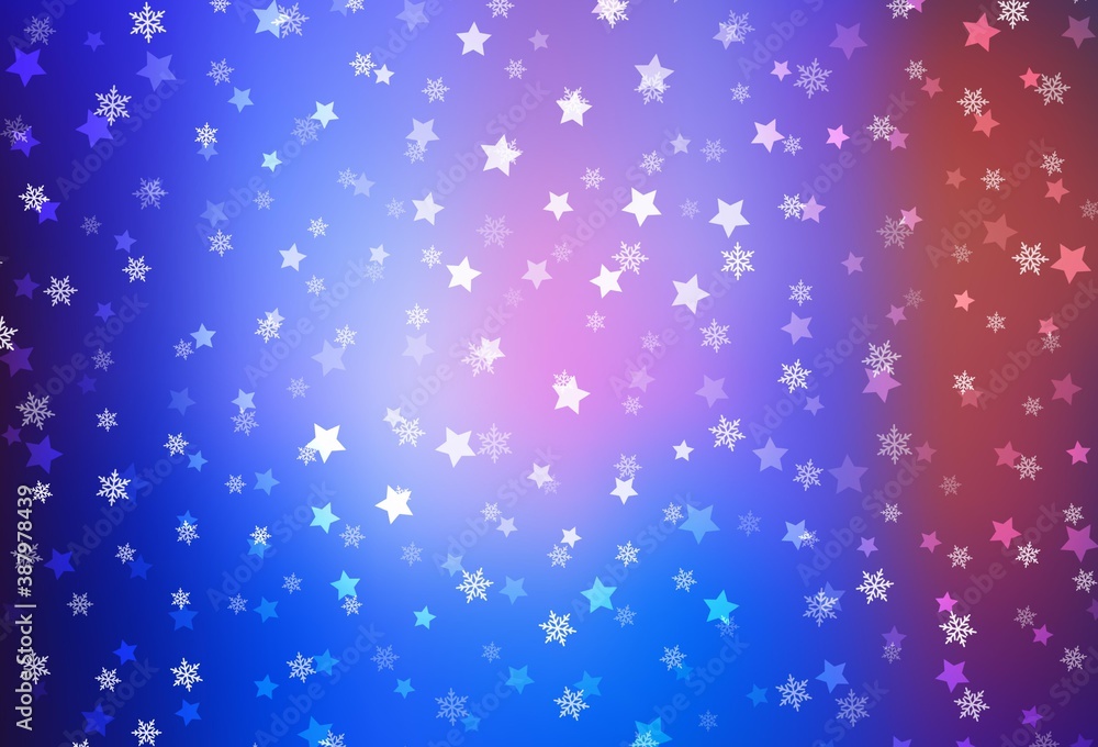 Light Blue, Red vector template with ice snowflakes, stars.