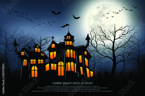 Castle, haunted house and ghost hands, tomb on full moon night. illustrator Vector Eps 10.