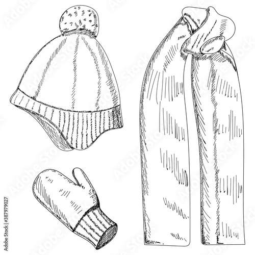 vector, isolated, hand-drawn sketch scarf, hat, mittens