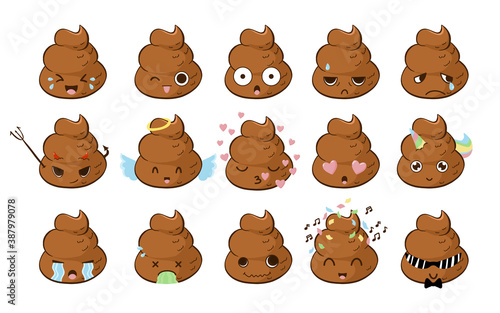 Funny cute poop emoji big set with different expressions.