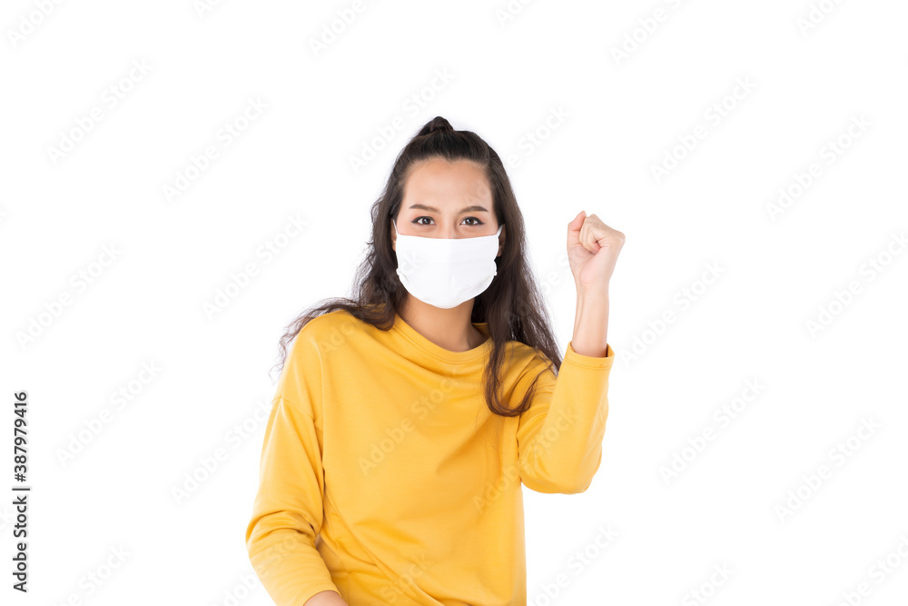 Young happy Asian woman wearing hygienic mask to prevent infection corona virus. Young happy Asian woman wearing hygienic mask to prevent infection corona virus.
