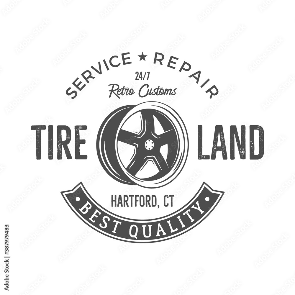 Vintage label design. Tire service emblem in monochrome retro style with old wheel and typography elements. Good for tee shirt , prints, car logo, repair station , pathes.