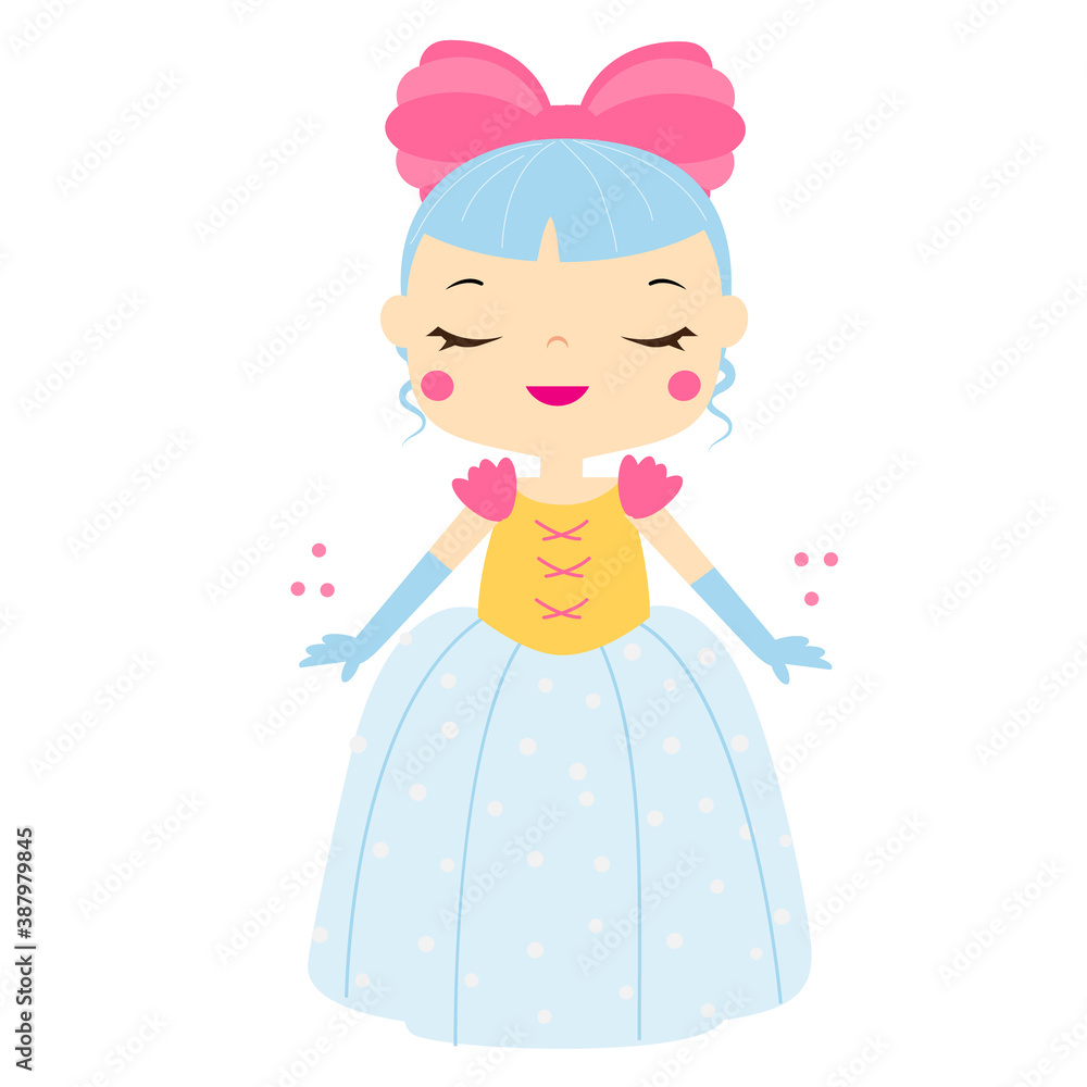 Cartoon girl in beautiful blue dress and pink bow. Cute princess. Cartoon girl in beautiful blue dress and pink bow. Cute princess.