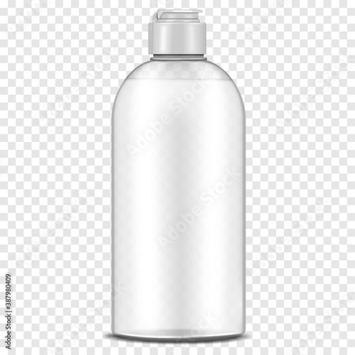 Clear plastic bottle with screw flip top cap filled with liquid on transparent background, realistic vector mockup. Liquid product container packaging, mock-up. Template for design