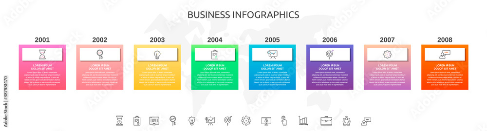 Vector Infographic rectangles with eight steps. Square template can be used for diagram, web, banner, workflow layout, flowchart, info graph, timeline, content, chart, processes diagram.