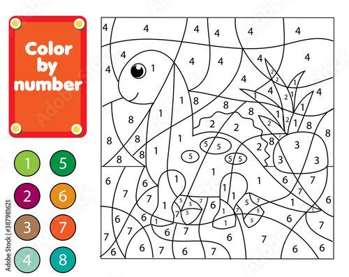 Coloring page for kids. Educational children game. Color by numbers cartoon dinosaur