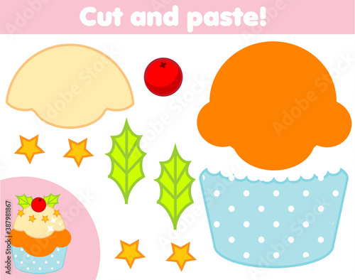 creative children educational game. Paper cut activity. Make a New Year, Christmas cupcake with glue and scissors