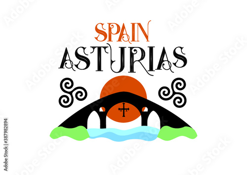 Old roman bridge in Gangas de Onis, Asturias, at the north of Spain. Vector Ilustration