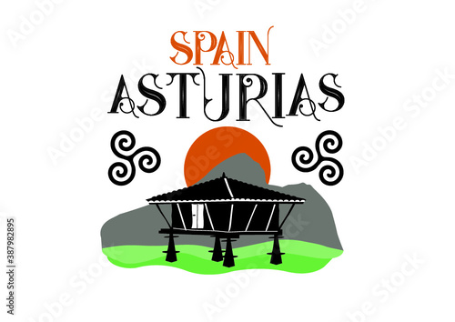 Horreo, old wooden building used as granary. Typical from Asturias, Spain. Vector Ilustration. 