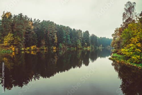 Fototapeta Naklejka Na Ścianę i Meble -  Beautiful landscape of forest, lake on a cloudy autumn day. Beautiful autumn landscape of nature