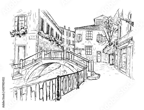 Hand drawn sketch vector illustration of the streets of Venice, Italy. Water channel with a bridge. Romantic cityscape. Tourism Concept.