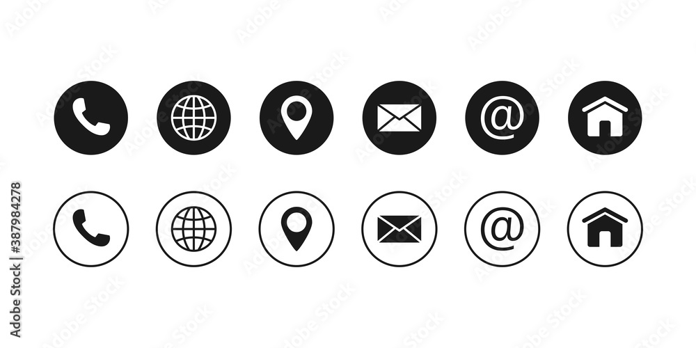Web contact and communication icon. Call us, location, internet, mail and home icons. Linear and round. Web contact and communication icon. Call us, location, internet, mail and home icons. Linear and round.