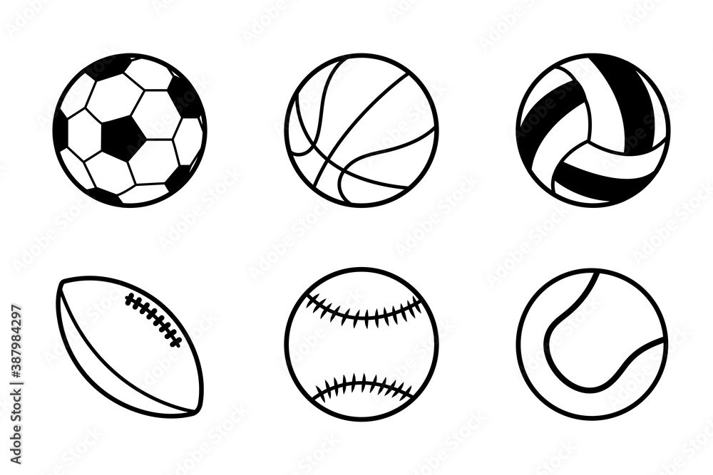 Collection of sport balls. Soccer, basketball, volleyball, american football, baseball and tennis icons.