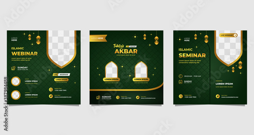 Collection of Green and Gold luxury background with islamic ornament concept. Perfect for social media post templates, Islamic webinar, Muslim education, Religion event and other online seminar