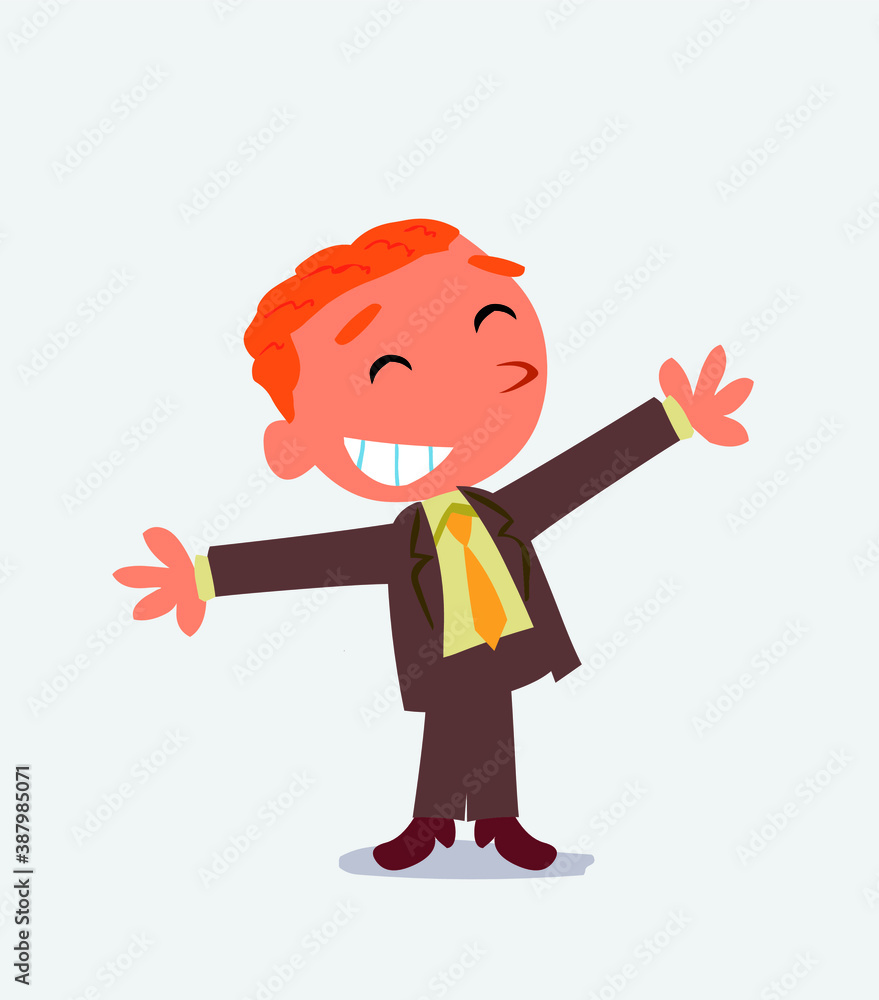  cartoon character of businessman opening arms very happy.