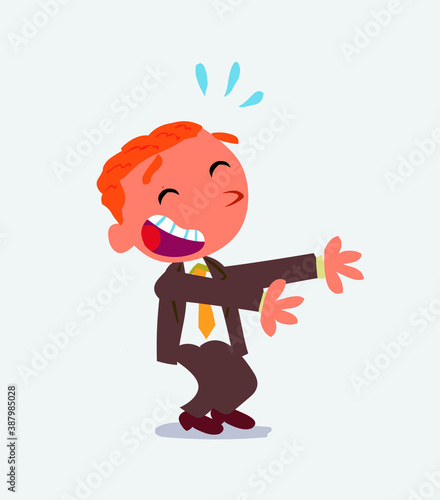 cartoon character of businessman laughing a lot while showing something