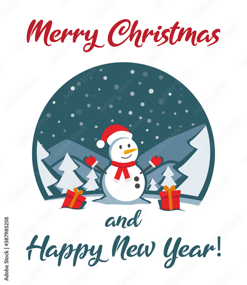 Merry christmas and Happy new year vector greeting card 2021, snowman with gifts, winter landscape