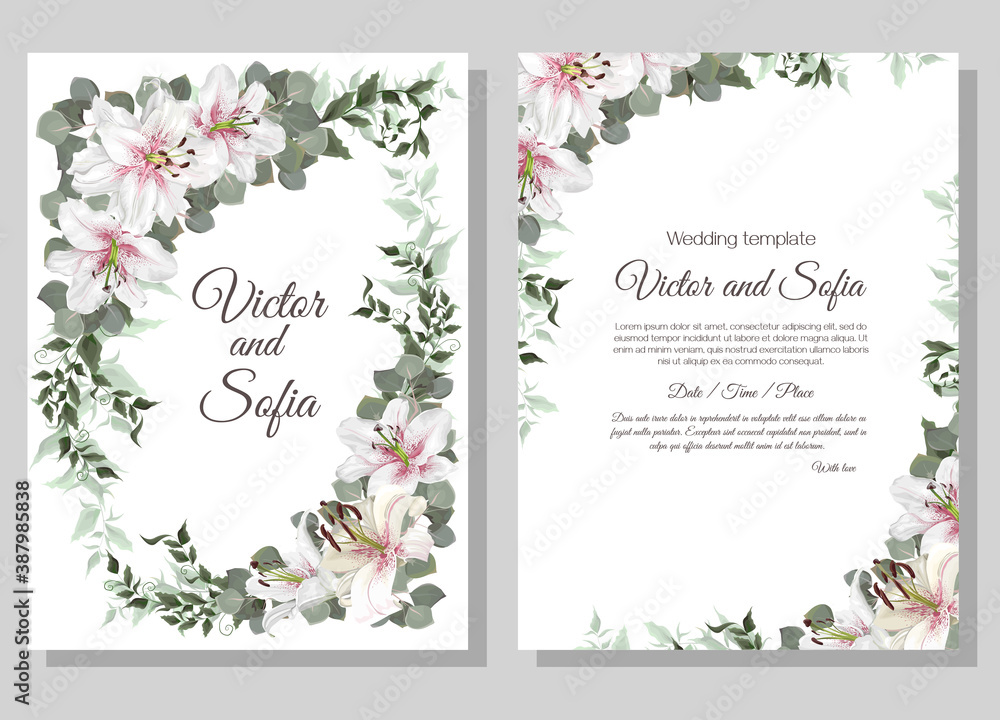 Floral design for wedding invitation. Vector template for your text. White king lilies, polygonal gold frame, green plants and leaves.