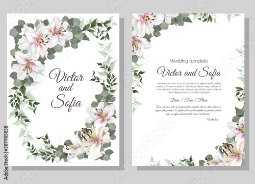 Floral design for wedding invitation. Vector template for your text. White king lilies, polygonal gold frame, green plants and leaves.