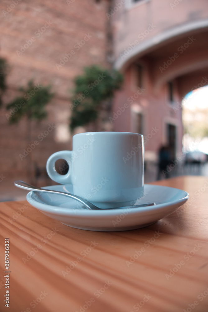 Cooffee cup on terrace. Covid-19 restrictions. Cooffee cup on terrace. Covid-19 restrictions.