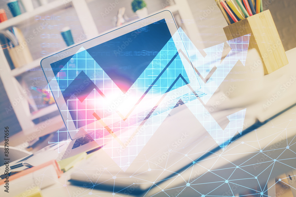 Computer on desktop with point up arrows hologram. Double exposure. Concept of success. Computer on desktop with point up arrows hologram. Double exposure. Concept of success.