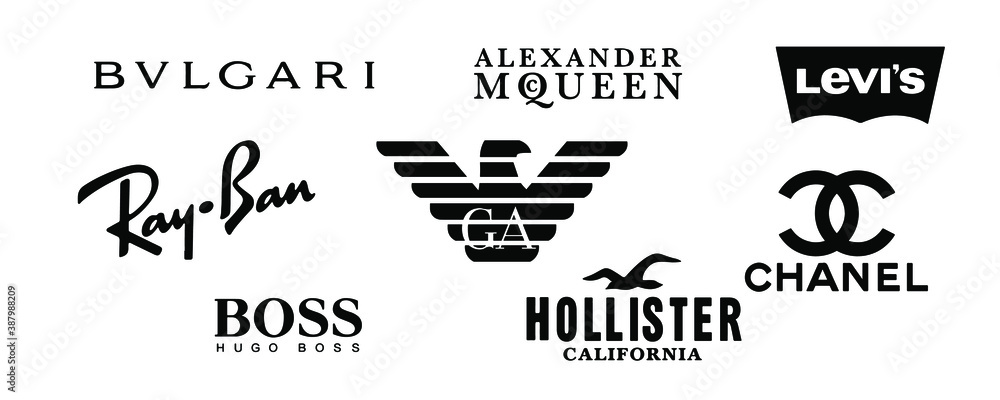 Top 8 logos of popular brands. Logo BVLGARI, Alexander Mcqueen, Giorgio  Armani, Ray Ban, Hugo Boss, Hollister California, Chanel, Levis. Vector  illustration Stock Vector | Adobe Stock
