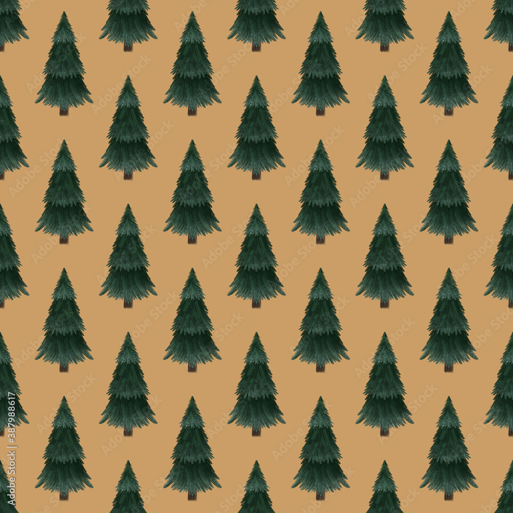 Christmas fir trees in a seamless pattern, modern hand draw design. Winter forest background. Can be used for printed new year materials - leaflets, posters, business cards or for web