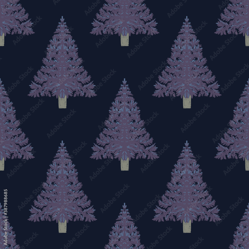 Christmas fir trees in a seamless pattern, modern hand draw design. Winter forest background. Can be used for printed new year materials - leaflets, posters, business cards or for web