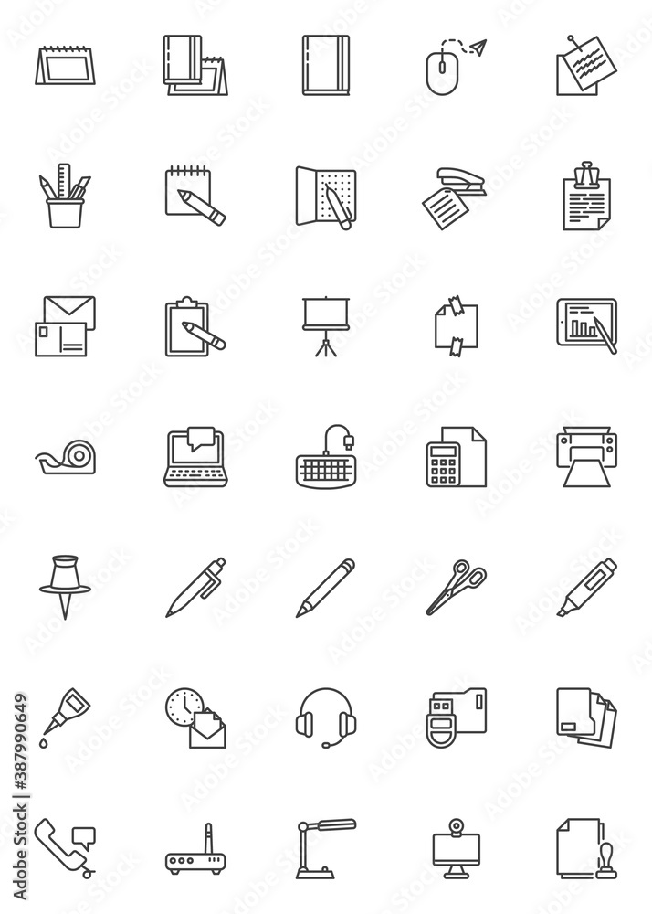 Office supplies line icons set. linear style symbols collection, outline signs pack. vector graphics. Set includes icons as calendar, notebook, note paper, laptop computer, desk lamp, printer, folder