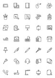 Office supplies line icons set. linear style symbols collection, outline signs pack. vector graphics. Set includes icons as calendar, notebook, note paper, laptop computer, desk lamp, printer, folder