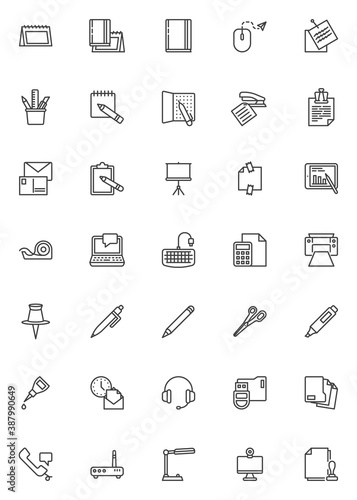Office supplies line icons set. linear style symbols collection, outline signs pack. vector graphics. Set includes icons as calendar, notebook, note paper, laptop computer, desk lamp, printer, folder