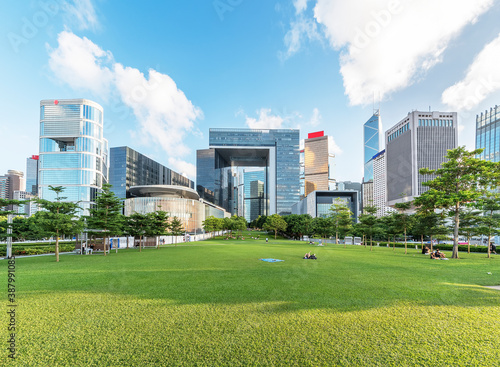 Photography Public park and skyline in downtown district of Hong Kong city