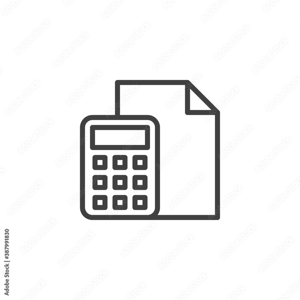 Calculator and paper document line icon. linear style sign for mobile concept and web design. Office accounting outline vector icon. Symbol, logo illustration. Vector graphics Calculator and paper document line icon. linear style sign for mobile concept and web design. Office accounting outline vector icon. Symbol, logo illustration. Vector graphics