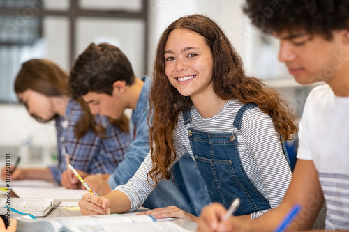 Portrait of happy high school girl studying in class photo