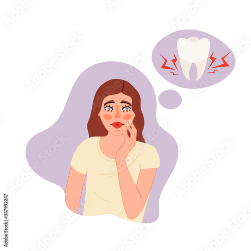 Isolated on white gingivitis, caries, pulpitis vector illustration. Female character suffers from tooth pain, gum problem design element. Dental symptom banner in cartoon style.