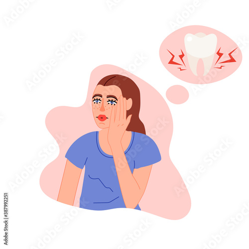 Isolated on white gingivitis, caries, pulpitis vector illustration. Female character suffers from tooth pain, gum problem design element. Dental symptom banner in cartoon style.