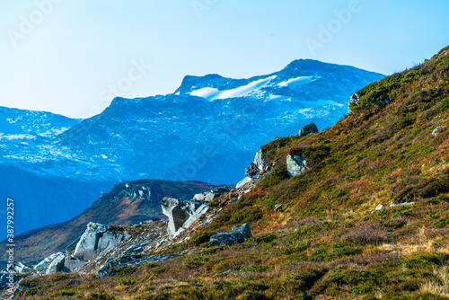 View over a mountain terrain in autumn colors with a snowy mountain range in the distance.